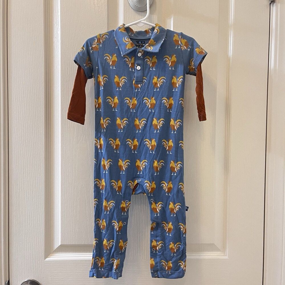 Kickee Pants Blue Parisian Rooster Polo Romper Bamboo Boys Size 18-24 Months